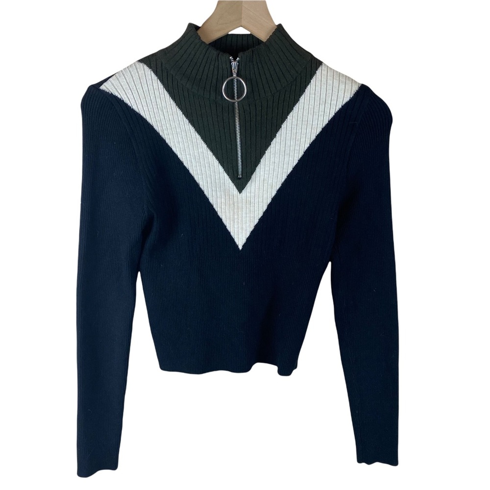 Love Tree Black Green White Quarter Zip Sweater NWT Cropped Medium Warm and Cozy